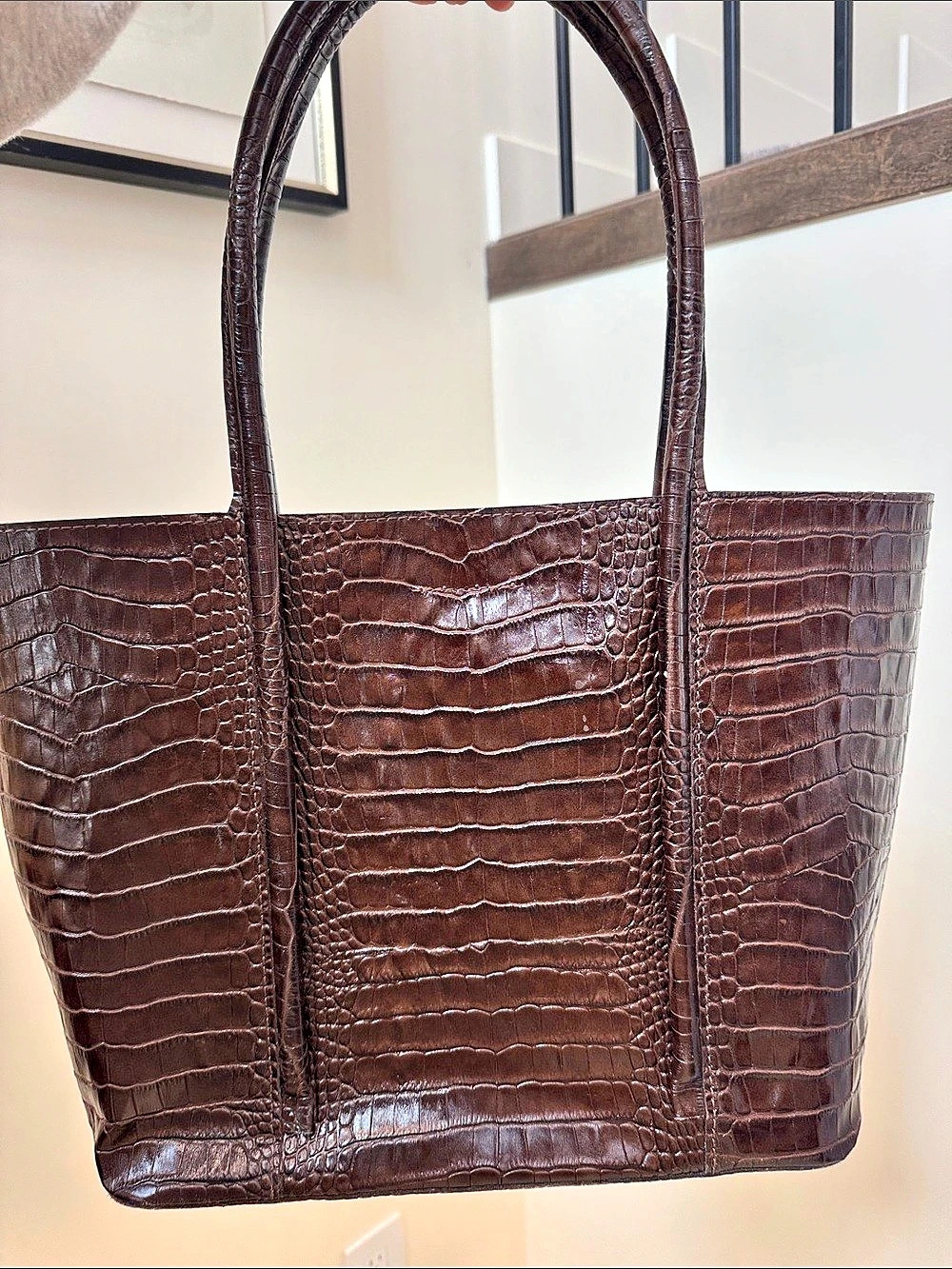 Crocodile-Embossed Tote in Brown Like New